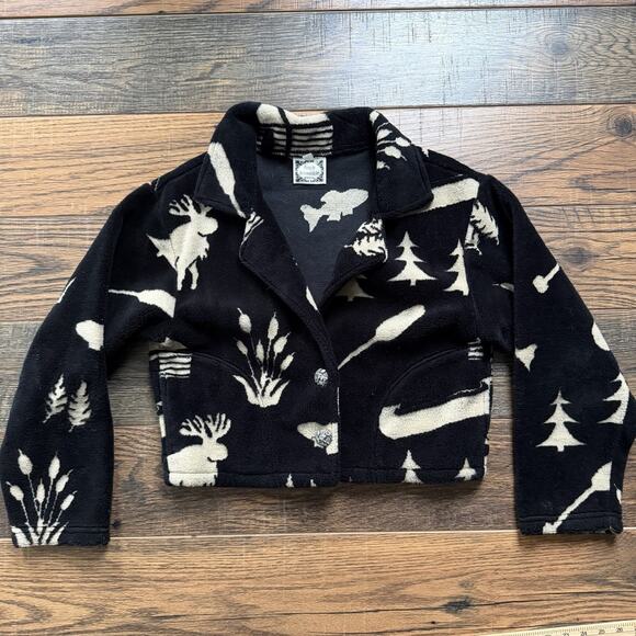 Vintage Simply Irresistible Fleece Jacket Moose Tree Canoe Print Black Tan Sz M - Picture 1 of 7